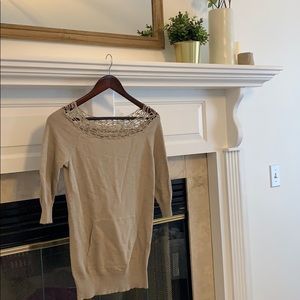 Tan sweater with crochet neckline